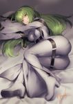 1girl :o bangs blush bodysuit boots breasts c.c. code_geass green_hair high_heel_boots high_heels highres kyouya_(mukuro238) long_hair looking_at_viewer lying medium_breasts multiple_straps on_side sleeves_past_fingers sleeves_past_wrists solo thigh_boots thighhighs tsurime very_long_hair white_bodysuit white_footwear yellow_eyes 