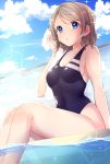  1girl :o arm_up bangs bare_arms bare_legs blue_eyes blue_sky breasts cleavage cloud competition_swimsuit eyebrows_visible_through_hair fence grey_hair highres kazehana_(spica) looking_at_viewer love_live! love_live!_sunshine!! medium_breasts one-piece_swimsuit open_mouth outdoors pool poolside short_hair sideboob sidelocks skindentation sky sparkle swimsuit towel watanabe_you wet wet_hair 