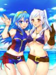  2girls belt bikini blue_eyes blue_hair blue_sky breasts brown_eyes brown_gloves cleavage cloud day fire_emblem fire_emblem_awakening fire_emblem_cipher fire_emblem_heroes gloves jewelry large_breasts long_hair lucina multiple_girls navel necklace o-ring o-ring_bikini open_mouth outdoors robin_(fire_emblem) robin_(fire_emblem)_(female) short_shorts shorts sky swimsuit taguchi_(igutiguti) tiara twintails underboob water white_hair 