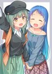  2girls alternate_costume arm_up bangs bare_shoulders blue_hair blue_sweater brown_skirt checkered checkered_skirt closed_eyes collarbone commentary_request green_hair green_skirt green_sweater hat holding_hands kantai_collection long_hair looking_at_viewer multiple_girls oge_(ogeogeoge) open_mouth orange_eyes peaked_cap plaid plaid_skirt samidare_(kantai_collection) short_hair sidelocks skirt sweater swept_bangs very_long_hair yuubari_(kantai_collection) 