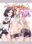  3girls bike_shorts black_hair blue_ribbon blush bra fujii_jun gloves hair_ornament hairclip kagerou_(kantai_collection) kantai_collection kuroshio_(kantai_collection) long_hair looking_at_viewer multiple_girls navel neck_ribbon open_clothes open_mouth panties panty_pull pleated_skirt ponytail ribbon school_uniform shiranui_(kantai_collection) shirt short_hair short_sleeves skirt sports_bra twintails underwear vest white_gloves white_shirt 