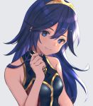  1girl blue_eyes blue_hair closed_mouth fire_emblem fire_emblem_awakening fire_emblem_cipher gradient gradient_background grey_background hoshido1214 long_hair lucina simple_background smile solo swimsuit tiara upper_body 