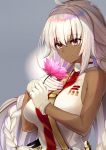  1girl ahoge braid commentary_request dark_skin eyebrows_visible_through_hair fate/grand_order fate_(series) flower gloves grey_background hair_between_eyes hand_on_own_chest highres holding holding_flower lakshmibai_(fate/grand_order) light_smile long_hair lotus ninoude_(ninoude44) pink_flower purple_eyes shirt shoulder_strap sleeveless sleeveless_shirt solo twin_braids upper_body very_long_hair white_gloves white_hair white_shirt 