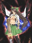  breasts brown_hair fullmetal_alchemist grin heterochromia highres houtengeki large_breasts long_hair midriff navel open_clothes open_shirt reiuji_utsuho ribbon shirt smile solo symbol-shaped_pupils tattoo touhou wings 