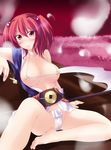  bad_id bad_pixiv_id barefoot blush breasts coin feet fundoshi gisyo hair_bobbles hair_ornament highres japanese_clothes large_breasts onozuka_komachi pink_eyes red_hair scythe sitting solo touhou 