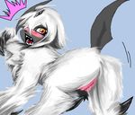  ! ?! absol blush butt claws fangs female fur looking_at_viewer looking_back nintendo open_mouth pok&#233;mon pokemon pussy raised_tail red_eyes solo surprise unknown_artist video_games wet_pussy white_fur 