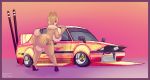  2019 absurd_res big_breasts big_butt blue_eyes border bosozoku breasts butt car cleavage clothed clothing eyelashes fangs footwear gradient_background hazel_(shakotanbunny) hi_res high_heels lagomorph leaning leaning_forward leporid looking_back mammal nude rabbit rabbit_tail rear_view shakotanbunny shoes side_boob signature simple_background standing thick_thighs vehicle wide_hips 