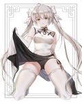  1girl bare_shoulders black_panties breasts china_dress chinese_clothes dress dress_lift elbow_gloves full_body gloves hair_ribbon highres kasugano_sora kneeling lemode lifted_by_self long_hair medium_breasts panties parted_lips ribbon side-tie_panties silver_eyes silver_hair skindentation solo spread_legs thighhighs thighs twintails underwear very_long_hair white_dress white_legwear white_ribbon yosuga_no_sora 