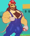  2019 anthro beard big_bulge body_hair bulge chest_hair clothed clothing cosplay facial_hair felid fungus hat headgear headwear hi_res lion looking_at_viewer male mammal mario mario_bros marlon.cores muscular muscular_male mushroom mustache nintendo pantherine pecs solo standing video_games 