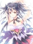  1girl black_feathers black_horns black_wings blush breasts brown_eyes cleavage commentary_request dress grey_hair horns idolmaster idolmaster_cinderella_girls kanzaki_ranko large_breasts long_hair looking_at_viewer minasato_hibiki multicolored multicolored_clothes multicolored_dress smile solo twintails wings 