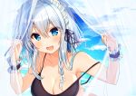  1girl :d absurdres bangs bare_arms bare_shoulders bikini blue_eyes blue_sky breasts cloud commentary curtains day eyebrows_visible_through_hair hair_between_eyes hands_up highres izayoi_sakuya large_breasts nenobi_(nenorium) open_mouth outdoors silver_hair sky smile solo strap_slip swimsuit touhou upper_body wrist_cuffs 