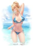  1girl absurdres arm_behind_head armpits barefoot bikini blonde_hair blue_bikini_top blue_eyes blue_sky breasts chuby_mi cleavage cloud hair_tie high_ponytail highres large_breasts metroid navel ocean partially_submerged ponytail samus_aran side-tie_bikini sky smile super_smash_bros. swimsuit water 