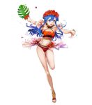 1girl bangs bare_arms bikini blue_eyes blue_hair breasts bunbun fire_emblem fire_emblem:_the_binding_blade fire_emblem_heroes flower full_body hair_ornament head_wreath hibiscus highres holding leg_up lilina long_hair medium_breasts navel official_art open_mouth palm_leaf red_bikini sandals shiny shiny_hair solo stomach swimsuit thighs toes transparent_background 