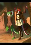  2018 anthro barefoot black_bars breasts brown_hair clothed clothing detailed_background dragon duo female hair hi_res membrane_(anatomy) membranous_wings non-mammal_breasts scalie skaydie smile standing western_dragon wings 