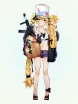  1girl ankle_ribbon bag blonde_hair braid bucket_hat eyewear_removed full_body girls_frontline hair_ribbon handbag hat jacket jacket_on_shoulders long_hair mania_(fd6060_60) navel ribbon sandals shirt shorts simple_background solo sr-3mp_(girls_frontline) stuffed_animal stuffed_toy tied_shirt twin_braids very_long_hair 