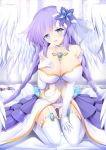  1girl absurdres angel angel_wings blue_eyes blush braid breasts cleavage feathered_wings four_goddesses_online:_cyber_dimension_neptune gloves hair_ornament hand_on_own_chest highres jewelry kludea large_breasts leotard long_hair looking_at_viewer neptune_(series) panties purple_hair purple_heart ring sitting smile solo symbol-shaped_pupils twin_braids underwear very_long_hair wariza white_gloves white_legwear white_panties white_wings wings 