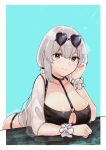  1girl absurdres aqua_background azur_lane bangs bikini black_bikini blush border breast_rest breasts choker cleavage closed_mouth collarbone commentary_request day eyewear_on_head hair_between_eyes hand_on_own_cheek hand_up head_tilt heart heart-shaped_eyewear highres kanta_(kanta_077) large_breasts leaning_forward looking_at_viewer o-ring o-ring_top outdoors red_eyes scrunchie sheer_clothes short_hair sidelocks silver_hair sirius_(azur_lane) sirius_(midsummer_seirios)_(azur_lane) sky smile solo sunglasses swimsuit wet white_border white_scrunchie wrist_scrunchie 