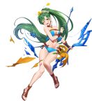  bangs bikini breasts cleavage earrings fire_emblem fire_emblem:_the_blazing_blade fire_emblem_heroes flower full_body green_eyes hair_flower hair_ornament hibiscus highres jewelry long_hair lyn_(fire_emblem) medium_breasts navel official_art ponytail solo stomach swimsuit teffish tied_hair transparent_background 
