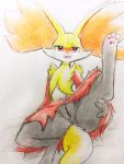  3_toes anus bedroom_eyes black_fur blush colored_pencil_(artwork) delphox eiroru female fluffy fluffy_tail fur half-closed_eyes happy hi_res inner_ear_fluff looking_at_viewer nintendo one_leg_up pawpads pink_pawpads pok&eacute;mon pok&eacute;mon_(species) pussy raised_leg red_eyes red_fur red_nose seductive simple_background snout solo spread_legs spreading toes traditional_media_(artwork) video_games white_fur yellow_background yellow_fur 