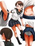  1girl armpits ass black_legwear blush brown_eyes brown_hair closed_mouth collared_shirt highres kantai_collection looking_at_viewer low_twintails multiple_views navel neckerchief panties pleated_skirt sailor_collar school_uniform serafuku shirayuki_(kantai_collection) shirt short_hair short_twintails simple_background skirt smile socks tama_(seiga46239239) twintails underwear white_background white_panties 