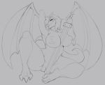  2018 anthro big_breasts breasts dragon female grey_background hair hand_behind_head hi_res jv looking_at_viewer melee_weapon monochrome nipples nude pussy simple_background sitting sketch solo sword thick_thighs tongue tongue_out vibershot weapon wings 