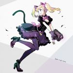  1girl alternate_costume animal_ears ankle_ribbon argyle argyle_legwear beads black_cat_d.va black_dress black_eyes black_footwear black_gloves blonde_hair bodice bow breasts cat_ears cat_tail charm_(object) cleavage d.va_(overwatch) dated dress earrings finger_on_trigger frilled_skirt frills full_body gloves grey_background grin gun hair_bow handgun heart heart_earrings high_heels holding holding_gun holding_weapon jewelry looking_back meco medium_breasts overwatch pantyhose pink_bow pistol puffy_short_sleeves puffy_sleeves purple_legwear ribbon running short_sleeves simple_background sketch skirt smile solo tail twintails weapon white_background 
