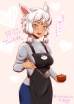  1girl :d animal_ears apron bangs black_apron blue_eyes bowl breasts cat_ears dark_skin eyebrows_visible_through_hair final_fantasy final_fantasy_xiv grey_shirt hair_tubes heart holding holding_bowl holding_ladle kirimusume ladle long_sleeves medium_breasts miqo&#039;te open_mouth shirt short_hair slit_pupils smile solo teeth translation_request turtleneck twitter_username whisker_markings white_hair y&#039;shtola_rhul 