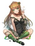  1girl :q ahoge alraco bangs bare_shoulders blush bow breasts brown_hair choker cleavage collarbone dog_tags double_bun dress eyebrows_visible_through_hair fur_trim girls_frontline green_eyes green_legwear hair_between_eyes hair_bow head_tilt jacket jewelry kneehighs long_hair looking_at_viewer medium_breasts necklace rfb_(girls_frontline) sidelocks simple_background sitting smile solo striped striped_legwear tongue tongue_out v white_background 
