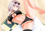  1girl azur_lane bangs bikini black_bikini blush breasts choker cleavage closed_mouth collarbone commentary_request eyebrows_visible_through_hair eyewear_on_head from_above hair_between_eyes heart heart-shaped_eyewear large_breasts looking_away lying navel o-ring o-ring_top red_eyes short_hair silver_hair sirius_(azur_lane) sirius_(midsummer_seirios)_(azur_lane) solo spread_legs sunglasses swimsuit thigh_strap tomohiro_(duo) 