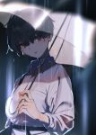  1girl absurdres bag belt black_eyes black_hair blurry blurry_background blush dark earrings handbag head_tilt highres jewelry lips looking_to_the_side original rain rolua short_hair solo transparent transparent_umbrella umbrella upper_body 