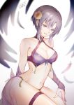  1girl atoatto bikini blue_eyes breasts cleavage earrings fire_emblem fire_emblem:_the_blazing_blade fire_emblem_heroes flower jewelry large_breasts looking_at_viewer navel purple_eyes purple_hair short_hair smile solo swimsuit ursula_(fire_emblem) 