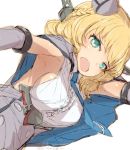  1girl alchera blonde_hair blue_eyes blue_neckwear breasts capelet colorado_(kantai_collection) commentary_request dress elbow_gloves garrison_cap gloves grey_dress hat headgear kantai_collection large_breasts necktie pleated_dress shirt short_hair side_braids sideboob simple_background sleeveless solo upper_body white_background white_shirt 