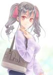  1girl bag breasts brown_eyes casual commentary_request drill_hair grey_hair hair_ribbon handbag idolmaster idolmaster_cinderella_girls kanzaki_ranko large_breasts light_blush long_hair looking_at_viewer looking_to_the_side minasato_hibiki purple_ribbon ribbon smile solo twin_drills twintails upper_body white_background 