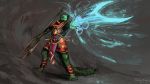  2019 anthro clothed clothing digital_media_(artwork) green_skin holding_object holding_weapon lizard male reptile scalie solo standing themefinland weapon 