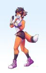  2019 5_fingers anthro athletic black_hair black_nose bottomwear bra brown_eyes canid canine clothing dipstick_tail eyebrows eyelashes fangs female fingers footwear fox fur hair hand_wraps hi_res looking_at_viewer mammal midriff multicolored_fur multicolored_tail orange_fur redsunatdawn rosaline_(bronx23) shoes shorts signature simple_background smile solo sports_bra underwear white_fur wraps 