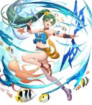  bangs bikini breasts cleavage earrings fire_emblem fire_emblem:_the_blazing_blade fire_emblem_heroes flower full_body green_eyes hair_flower hair_ornament hibiscus highres jewelry long_hair lyn_(fire_emblem) medium_breasts navel official_art ponytail solo stomach swimsuit teffish tied_hair transparent_background 