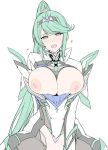  1girl :d bangs blush bodysuit breasts breasts_outside earrings eyebrows_visible_through_hair green_eyes green_hair hairband harukon_(halcon) heart horn huge_breasts implied_sex jewelry long_hair nipples open_clothes open_mouth pneuma_(xenoblade_2) ponytail simple_background skindentation smile solo spoilers sweat swept_bangs white_background work_in_progress xenoblade_(series) xenoblade_2 