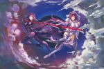  2girls armored_boots ass bare_shoulders bodysuit boots breasts cloud crown fate/grand_order fate_(series) fur_trim gae_bolg hair_between_eyes highres holding holding_spear holding_wand holding_weapon long_hair multiple_girls polearm ponytail purple_hair red_eyes scathach_(fate)_(all) scathach_(fate/grand_order) scathach_skadi_(fate/grand_order) spear thigh_boots thighhighs ushas veil very_long_hair wand weapon 