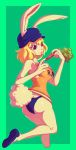  anthro blonde_hair breasts butt carrot carrot_(one_piece) cleavage clothed clothing female food footwear fur green_background hair hat headgear headwear hi_res lagomorph leporid mammal mustelid musteline one_piece panties plant rabbit rube shoes simple_background solo tongue tongue_out underwear vegetable 