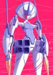 absurdres blue_eyes breasts closed_mouth commentary_request darling_in_the_franxx delphinium_(darling_in_the_franxx) diagonal_stripes feet_out_of_frame fish.boy from_below highres holding holding_lance holding_weapon humanoid_robot joints lance looking_at_viewer looking_down magenta_background mecha no_humans one_eye_covered polearm robot small_breasts standing striped thighs thrusters weapon 