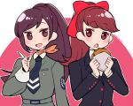  2girls :d :o artist_name ascot blazer blush commentary_request do_m_kaeru food hair_ribbon hairstyle_connection hamburger jacket kirishima_eriko long_hair multiple_girls necktie open_mouth persona persona_1 persona_5 persona_5_the_royal ponytail purple_eyes purple_hair red_eyes red_hair ribbon school_uniform shuujin_academy_uniform smile st._hermelin_school_uniform yoshizawa_kasumi 