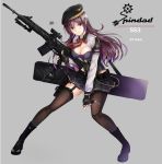  1girl absurdres artist_name assault_rifle bangs beret black_footwear black_gloves black_headwear black_skirt blush boots breasts brown_legwear chain character_name cleavage clothes_writing combat_knife fingerless_gloves full_body garter_straps girls_frontline gloves grey_background gun hanz_(pixiv_27680611) hat highres holding holding_gun holding_knife holding_weapon knife large_breasts leaning_forward leotard long_hair looking_at_viewer miniskirt original parted_lips pouch purple_eyes purple_hair rifle shrug_(clothing) sidelocks signature simple_background skirt thighhighs trigger_discipline weapon weapon_case 