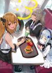  3girls :3 :d alternate_costume apron bangs black_apron black_dress black_footwear black_shorts blunt_bangs blush boots brown_eyes brown_hair commentary covered_mouth cup dress eyebrows_visible_through_hair facial_mark food french_fries girls_frontline green_eyes grey_hair hair_between_eyes hair_ornament hairband hairclip hamburger hat hews_hack highres hk416_(girls_frontline) holding holding_cup holding_stuffed_toy indoors long_hair looking_at_viewer mini_hat multiple_girls one_side_up open_mouth purple_hairband purple_headwear purple_neckwear ribbon scar scar_across_eye shirt shorts silver_hair sitting sleeveless sleeveless_shirt smile suspender_shorts suspenders table teardrop tearing_up twintails ump45_(girls_frontline) ump9_(girls_frontline) very_long_hair white_dress white_shirt younger 