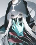  1boy asclepius_(fate/grand_order) bangs black_jacket face_mask fate/grand_order fate_(series) gloves green_eyes grey_hair hair_between_eyes hand_up hood hood_up hooded_jacket jacket latex latex_gloves long_hair long_sleeves looking_at_viewer mask sidelocks sleeves_past_fingers sleeves_past_wrists solo upper_body wanke 