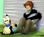  blake_rothenberg blue_scarf digital_media_(artwork) hair hi_res hug human mammal mimikyu nintendo pok&eacute;mon pok&eacute;mon_(species) red_hair screamoshaymin video_games 