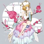  1girl blonde_hair blue_eyes blue_ribbon breasts flower full_body grey_background hat kanimaru leg_ribbon miniskirt pink_flower pink_rose pink_skirt pokemon pokemon_(anime) ribbon rose serena_(pokemon) shiny shiny_hair short_hair sideboob sitting skirt sleeveless small_breasts solo sparkle twitter_username white_headwear 