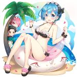  2boys 2girls :d ass ayamy bare_arms bare_legs bare_shoulders beach bikini black_bikini black_hair blue_eyes blue_hair blush bow breasts brown_eyes cleavage cloud collarbone commentary food green_hair hair_between_eyes hair_bow hair_ornament hair_over_one_eye hakugei_(re:zero) halter_top halterneck hands_up headdress holding holding_food innertube knees_up large_breasts looking_at_viewer multiple_boys multiple_girls nail_polish natsuki_subaru open_mouth palm_tree petals petelgeuse_romaneeconti pink_hair popsicle ram_(re:zero) re:zero_kara_hajimeru_isekai_seikatsu red_eyes rem_(re:zero) sandals scrunchie short_hair smile stomach strap_gap swimsuit thighs tree water wrist_scrunchie wristband x_hair_ornament 