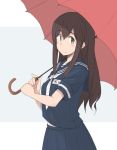  1girl akagi_(kantai_collection) alternate_costume bangs breasts brown_eyes brown_hair eyebrows_visible_through_hair hair_between_eyes holding holding_umbrella kantai_collection kugui_kiyunemu long_hair name_tag red_umbrella sailor_collar school_uniform serafuku short_sleeves simple_background skirt smile solo straight_hair umbrella white_neckwear 