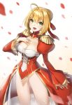  1girl :d absurdres ahoge bangs blonde_hair blurry blush braid breasts buttons cleavage collarbone commentary_request depth_of_field dress epaulettes eyebrows_visible_through_hair fang fate/extra fate_(series) feet_out_of_frame french_braid gold_trim green_eyes hair_between_eyes hair_bun hair_intakes hair_ribbon hand_on_own_chest hieung highres juliet_sleeves large_breasts leotard long_legs long_sleeves looking_at_viewer motion_blur nero_claudius_(fate) nero_claudius_(fate)_(all) open_mouth petals puffy_sleeves red_dress red_ribbon ribbon see-through sidelocks signature smile solo standing thighs white_leotard 