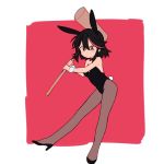  1girl animal_ears bangs black_footwear black_hair black_legwear black_leotard blue_eyes boots bow bowtie bunny_ears bunny_tail bunnysuit closed_mouth commentary detached_collar fake_animal_ears fake_tail frown high_heel_boots high_heels highres holding holding_mallet kill_la_kill leaning_forward leotard looking_at_viewer mallet matoi_ryuuko mittsun multicolored_hair pantyhose red_bag red_neckwear short_hair solo standing strapless strapless_leotard streaked_hair tail two-tone_hair v-shaped_eyebrows wrist_cuffs 